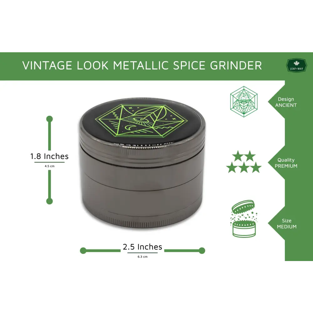 6.3 cm (2.5 inch) Spice Grinder, 4 Part, Vintage, Ancient Symbol Design, Magnetic Lid, Durable Zinc Alloy, Pollen Catcher - Leaf-Way Brand Accessories_1