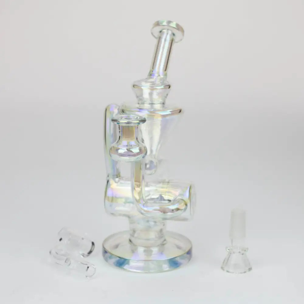 
Quality Borosilicate Glass
8" Height
Base : 4 1/4"
2 Returning tube

Quartz Banger &amp; Bowls for a 14 mm female Joint
Inline diffuser
Stemless

Bent neck
8" 2-in-1 electroplated glass recycler rigBongsempire420