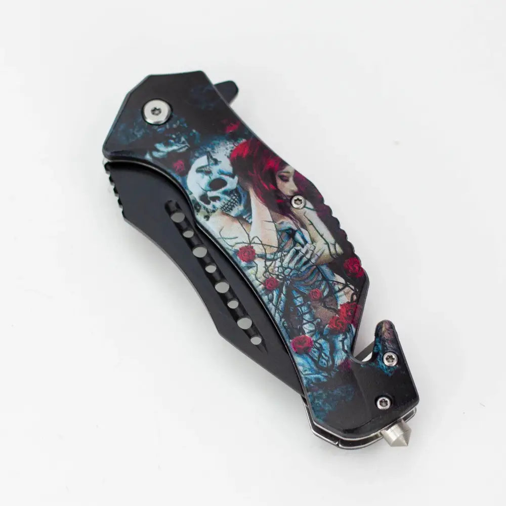 Defender-Xtreme 8.5″ Glass Breaker Lady & Skull Folding Knife [13431]_1