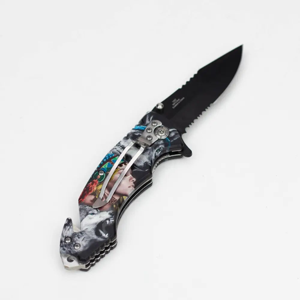 Defender-Xtreme  8" Wolf Woman- Folding Knife with Belt Cutter [13527]_1