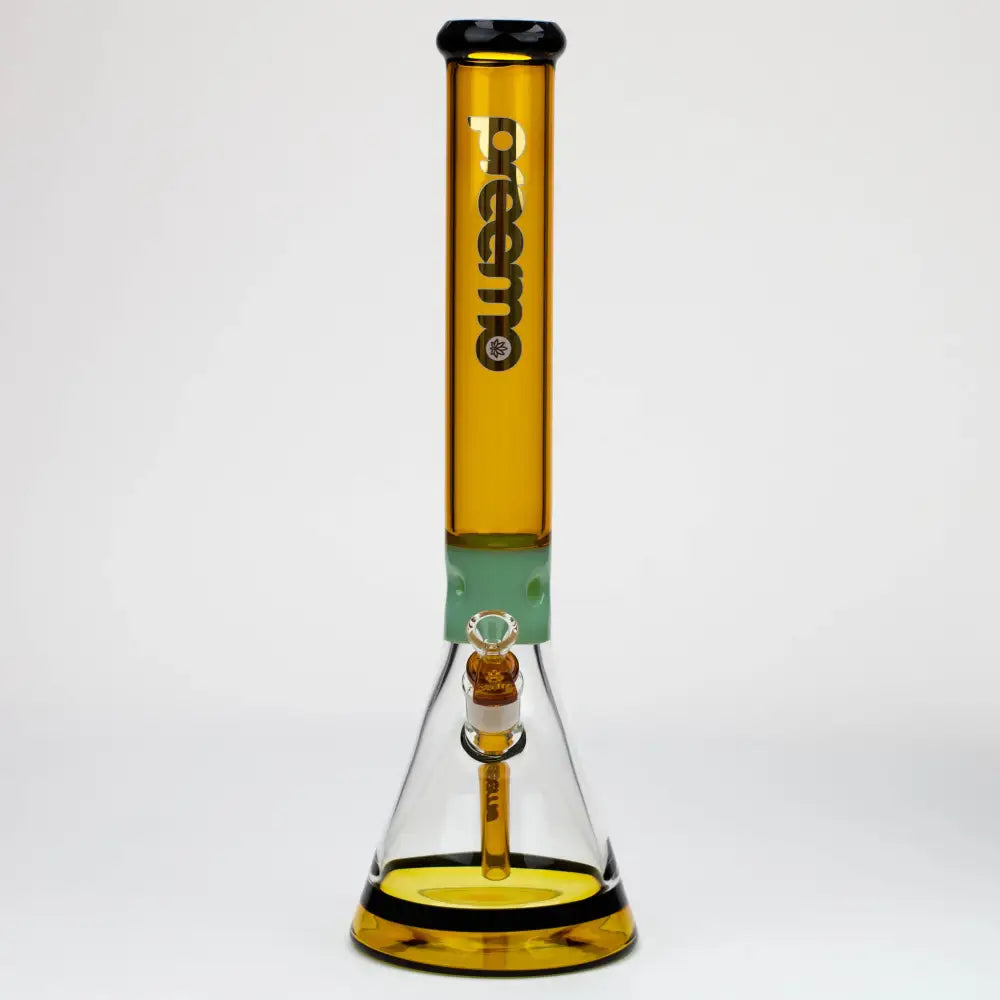 New gold and violet series beaker with opaque jade ice notches and black band around base. The black and jade accents is what makes this glass unique with their beaupreemo - 17.5 inch Jade Pinch Beaker [P023]Bongsempire420