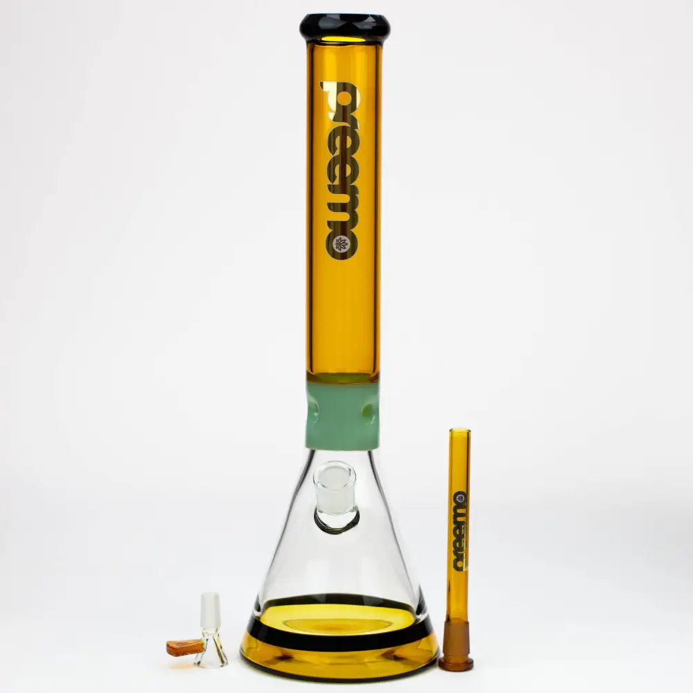 New gold and violet series beaker with opaque jade ice notches and black band around base. The black and jade accents is what makes this glass unique with their beaupreemo - 17.5 inch Jade Pinch Beaker [P023]Bongsempire420