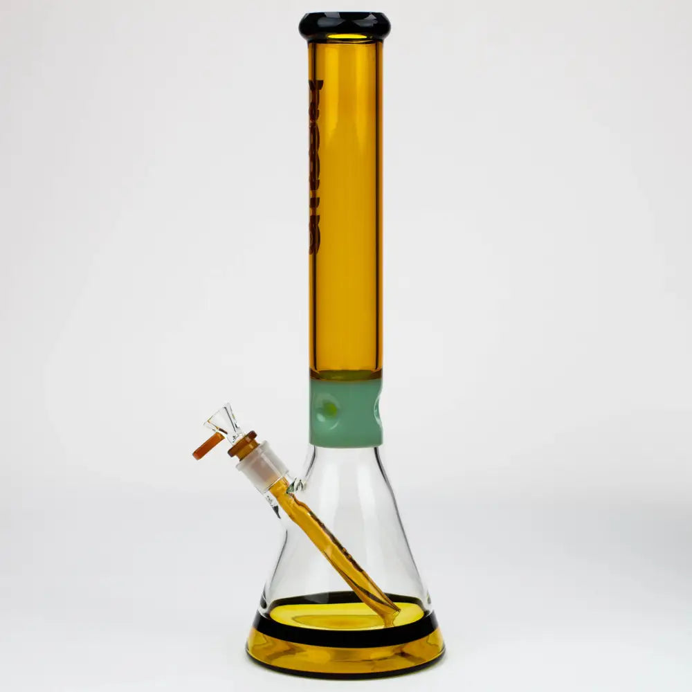 New gold and violet series beaker with opaque jade ice notches and black band around base. The black and jade accents is what makes this glass unique with their beaupreemo - 17.5 inch Jade Pinch Beaker [P023]Bongsempire420