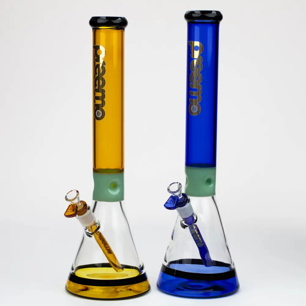 New gold and violet series beaker with opaque jade ice notches and black band around base. The black and jade accents is what makes this glass unique with their beaupreemo - 17.5 inch Jade Pinch Beaker [P023]Bongsempire420