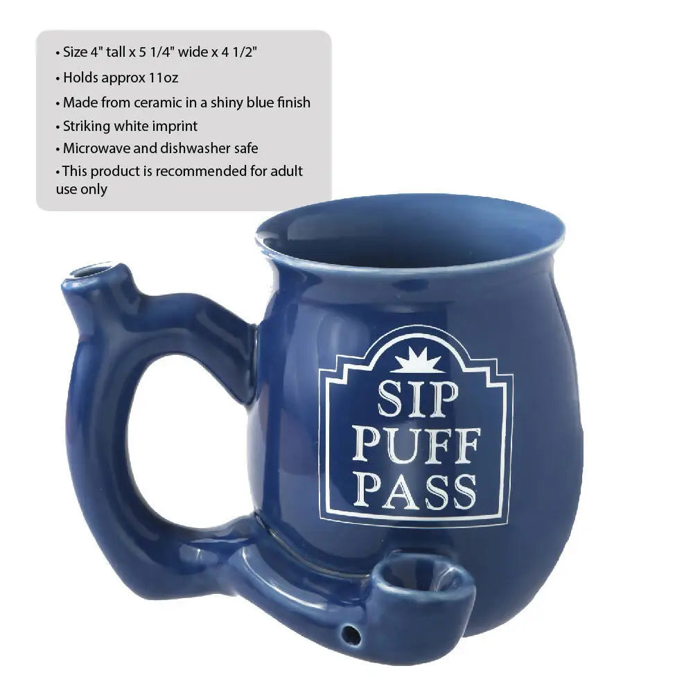 ROAST & TOAST "SIP PUFF PASS" PIPE MUG - SHINY BLUE WITH WHITE PRINT_1