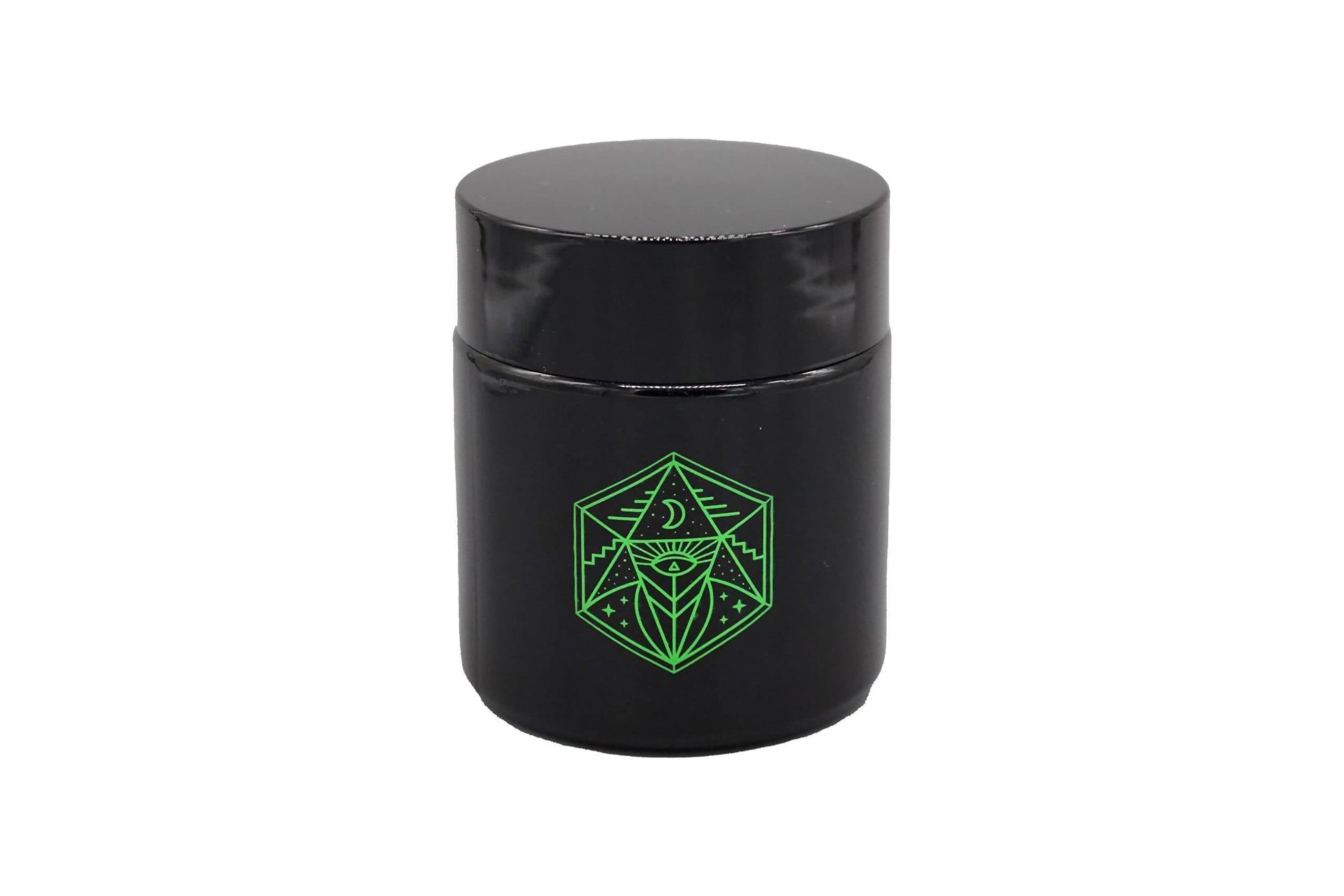 Small Glass Storage Jar and Lid - Real Printed Artwork - UV Protection - Helps Keep Goods Fresh with Light Protection- Tinted Black - 100 ml - Ancient Symbol Design - Accessories By Leaf-Way Brand_0