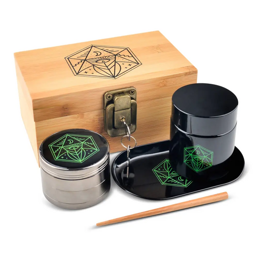 Vintage Stash Box Bundle - Ancient Symbol Design - Grinder - Rolling Tray - Airtight & UV Protecting Glass Jar - Accessory Gift Kit - Secure Storage Box - Lock & Key - Leaf-Way Brand Accessories_0