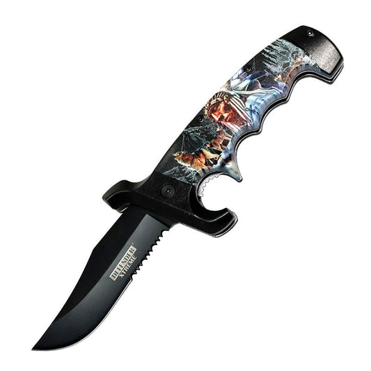 Defender-Xtreme 9″ Indian Tribe & Wolves – Folding Knife Belt Clip [13798]_0
