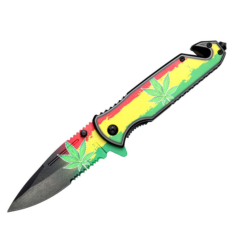 8″ Green Leaves – Folding Knife W/ Belt Cutter [13872]_0