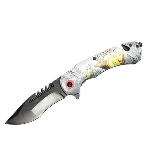 Defender-Xtreme 8″ Deer Design Handle Folding Knife W/ Belt Cutter [13890]_0