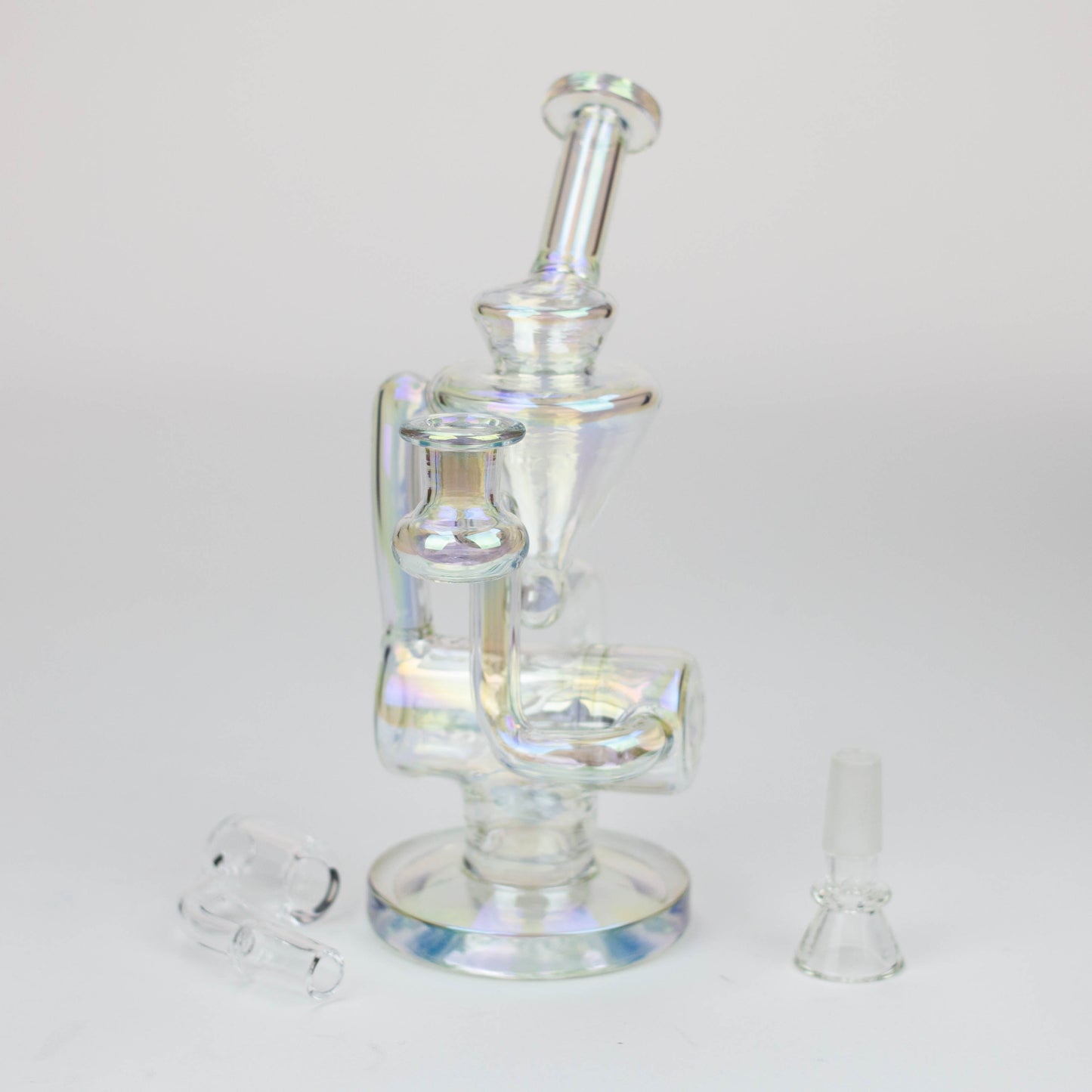 
Quality Borosilicate Glass
8" Height
Base : 4 1/4"
2 Returning tube

Quartz Banger &amp; Bowls for a 14 mm female Joint
Inline diffuser
Stemless

Bent neck
8" 2-in-1 electroplated glass recycler rigBongsempire420