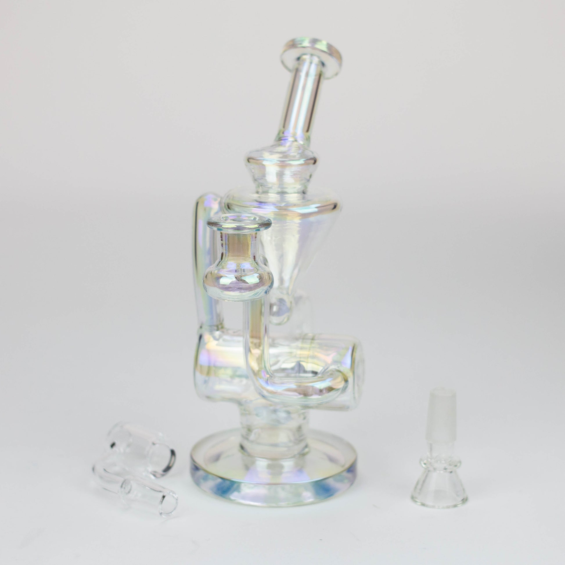 
Quality Borosilicate Glass
8" Height
Base : 4 1/4"
2 Returning tube

Quartz Banger &amp; Bowls for a 14 mm female Joint
Inline diffuser
Stemless

Bent neck
8" 2-in-1 electroplated glass recycler rigBongsempire420