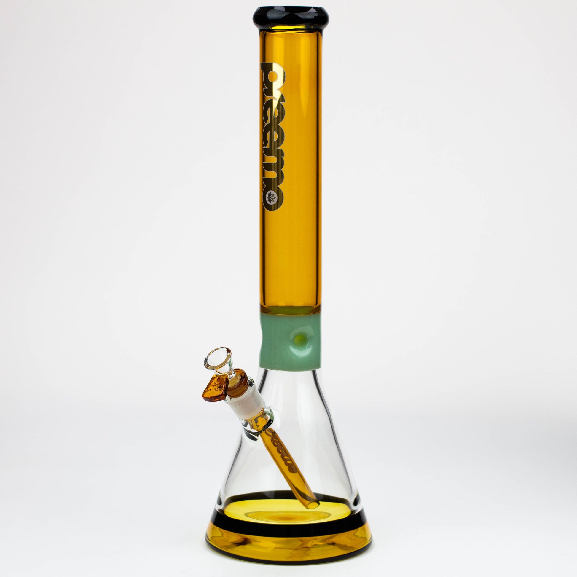 New gold and violet series beaker with opaque jade ice notches and black band around base. The black and jade accents is what makes this glass unique with their beaupreemo - 17.5 inch Jade Pinch Beaker [P023]Bongsempire420