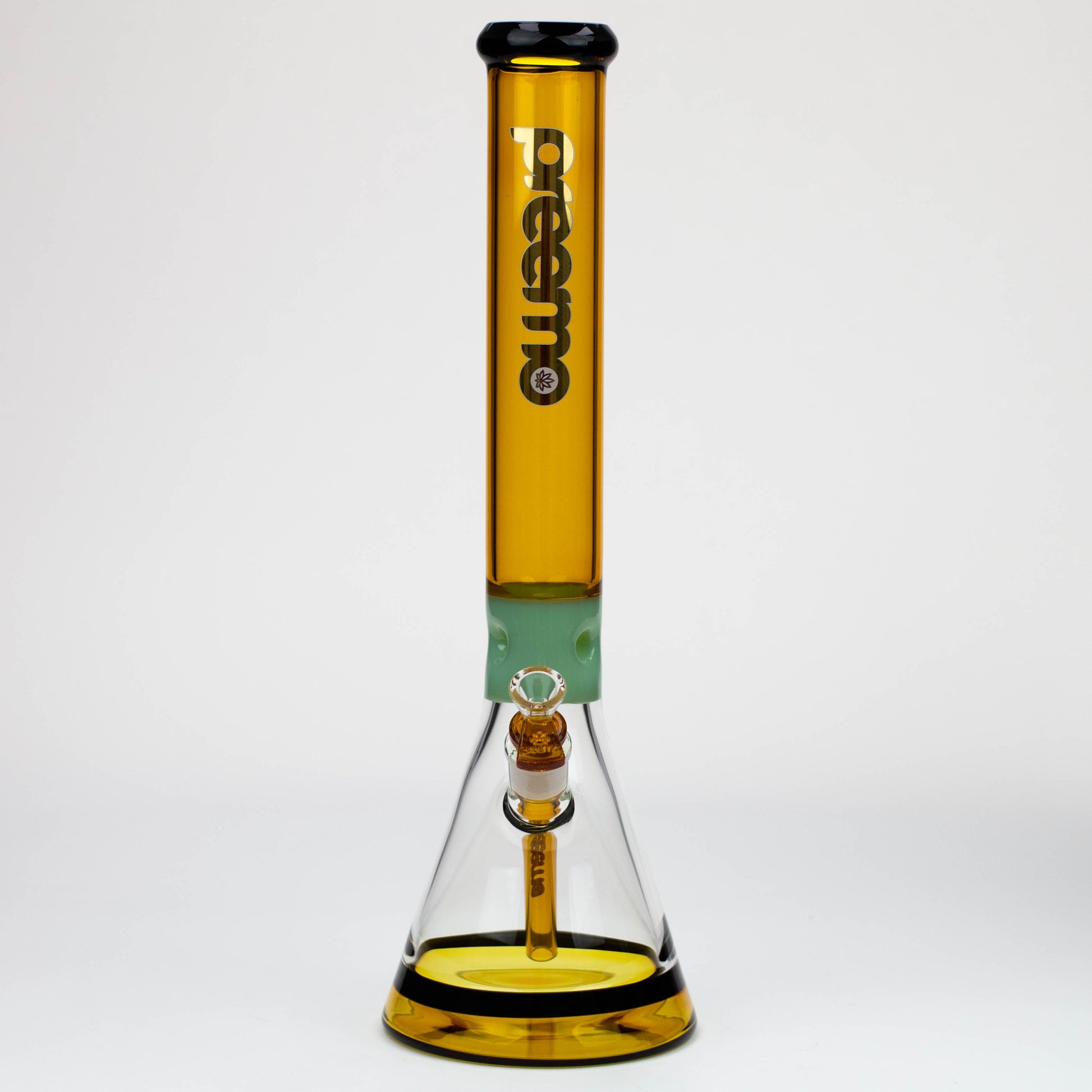 New gold and violet series beaker with opaque jade ice notches and black band around base. The black and jade accents is what makes this glass unique with their beaupreemo - 17.5 inch Jade Pinch Beaker [P023]Bongsempire420