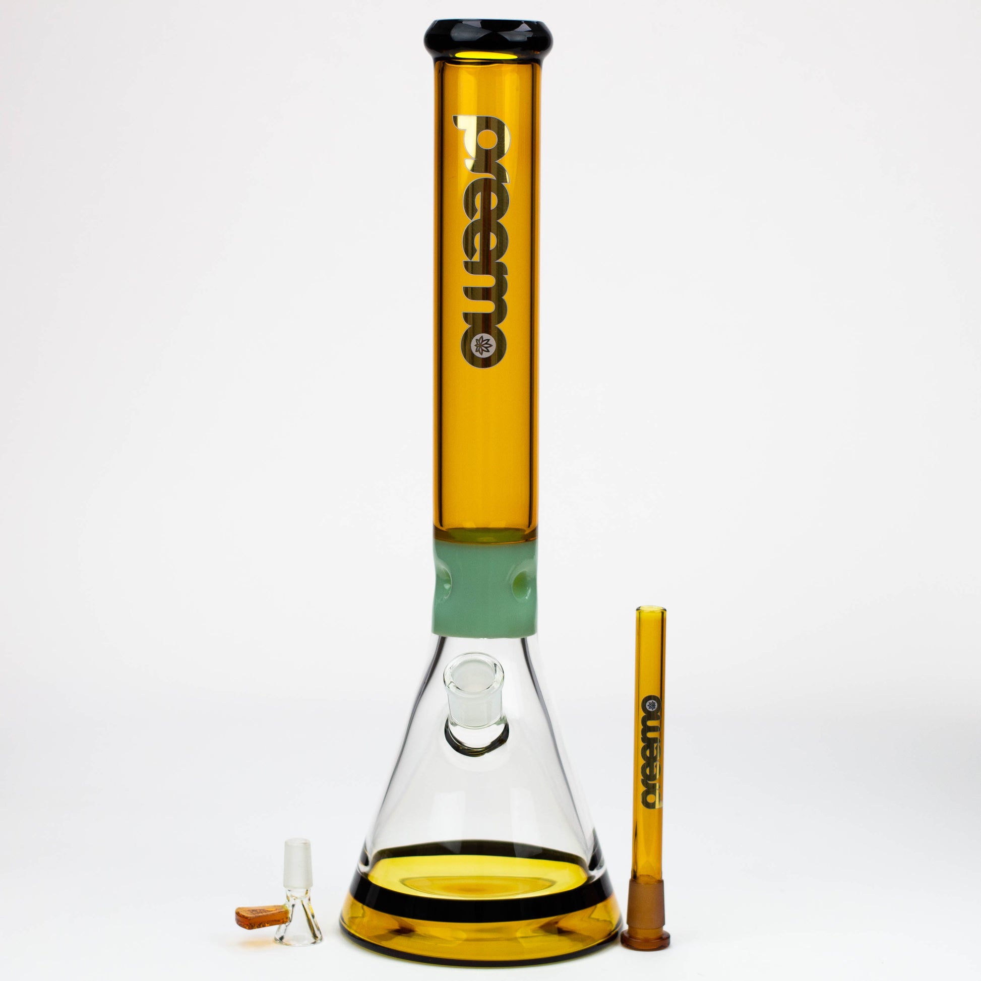 New gold and violet series beaker with opaque jade ice notches and black band around base. The black and jade accents is what makes this glass unique with their beaupreemo - 17.5 inch Jade Pinch Beaker [P023]Bongsempire420