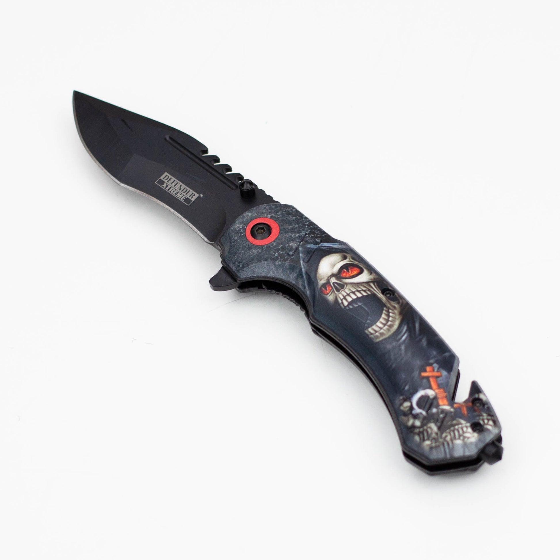 8" Defender-Xtreme Death  Design Handle Folding Knife W/  Belt Cutter [13887]_0