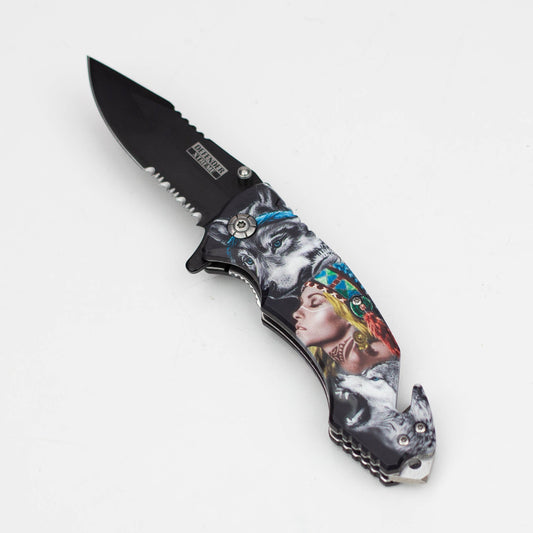 Defender-Xtreme  8" Wolf Woman- Folding Knife with Belt Cutter [13527]_0