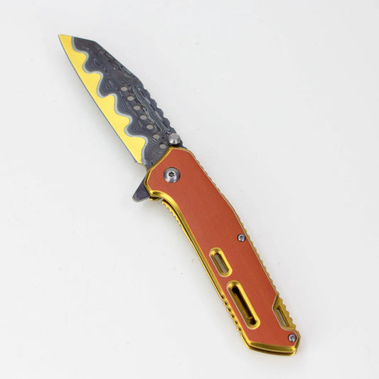 7.5" Etched Damascus Pocket Knife Gold Plated Hilt Pen Blade [P-713-E]_0