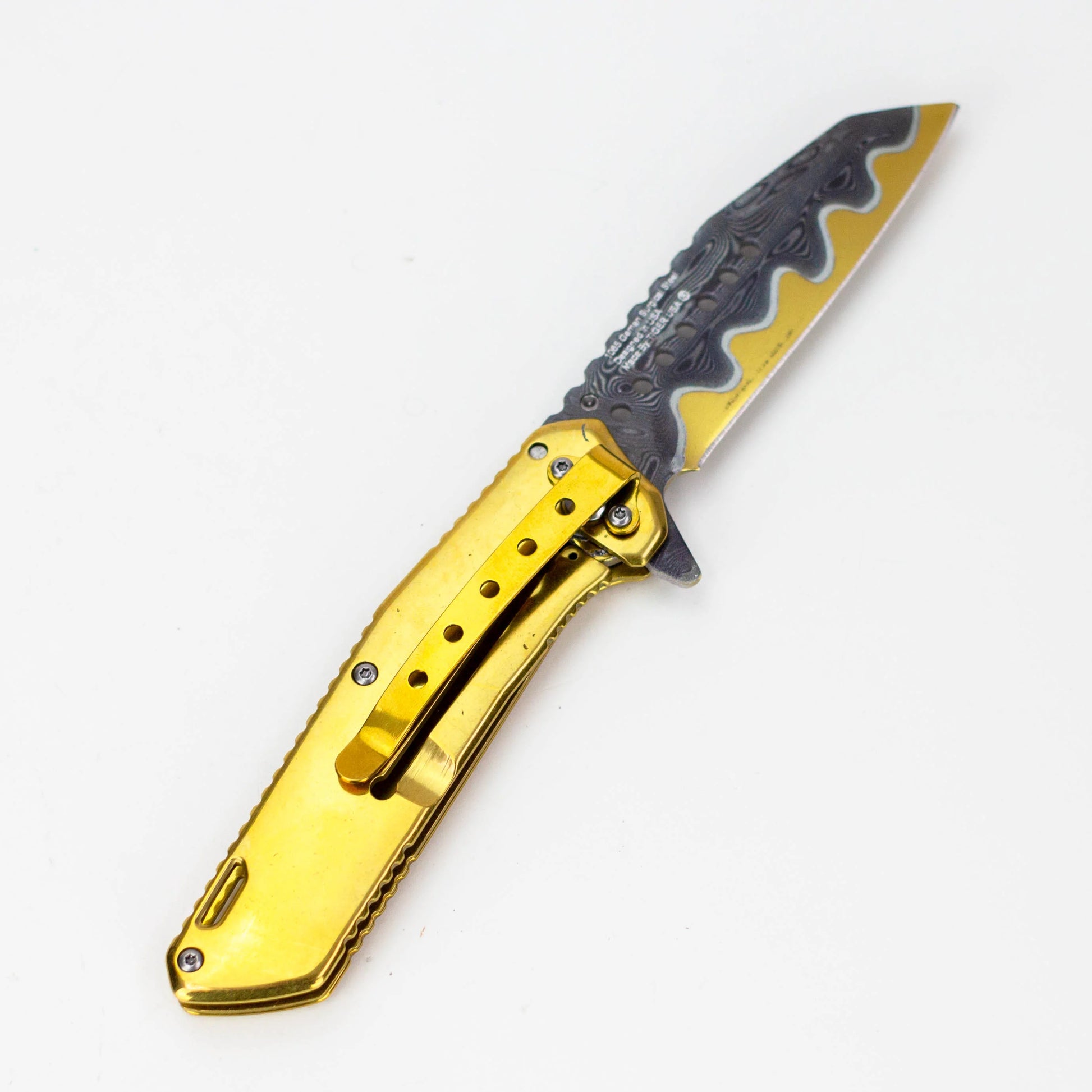7.5" Etched Damascus Pocket Knife Gold Plated Hilt Pen Blade [P-713-E]_1