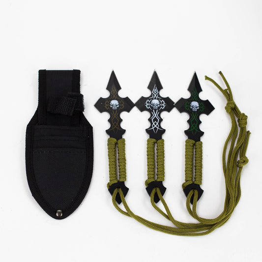 Defender-Xtream |Skull Design & Green String Throwing Knives With Sheath Set of 3 [6668]_0