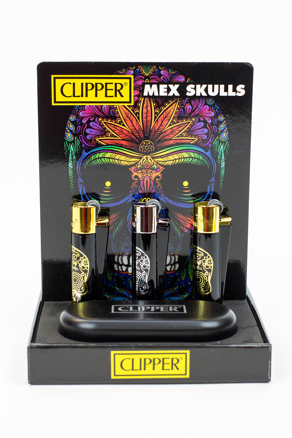 CLIPPER BLACK/GOLD SKULL CMP11 METAL LIGHTERS COLLECTION BOX OF 12_0