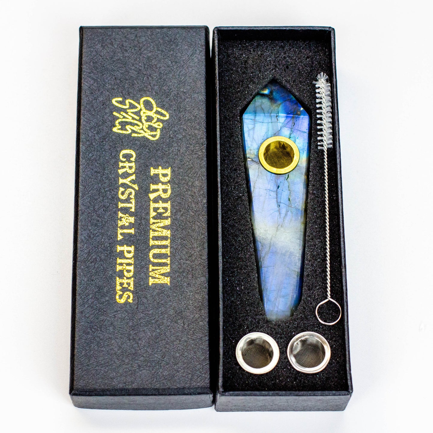 Acid Secs - Natural Labradorite FLASH Smoking Pipe with choke hole_0